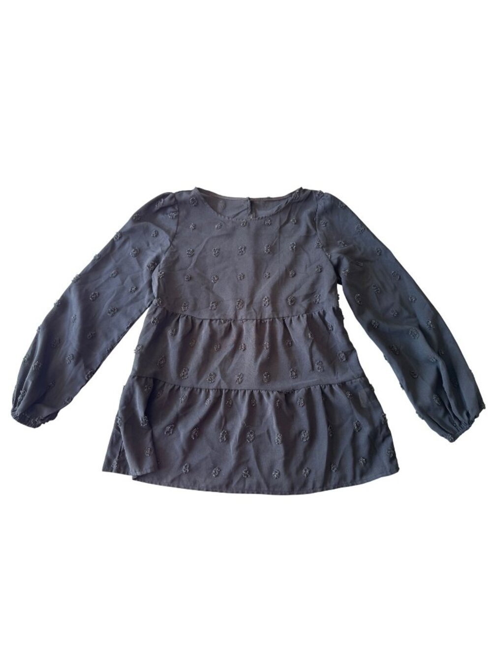 Shein Women Long Sleeve Tiered Blouse Gray  S Cotton Blend Textured Polka Dot